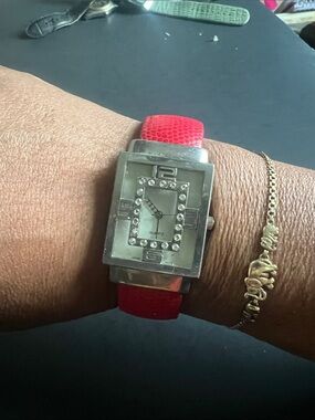 Red Strap Crystal Accent Square Face Watch